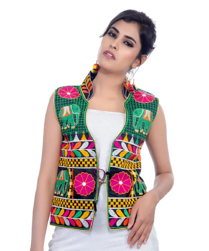 Dupion Silk Kutchi Embroidered Waist Length Jacket/Koti/Shrug (Haathi) - MJK-HTH01 Stand-Up Collar Roll-Neck Collar Turtle Neck