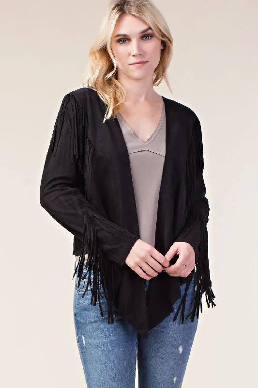 BLACK SUEDE FRINGE JACKET Appliqued Jacket Beaded Jacket Sequined Jacket