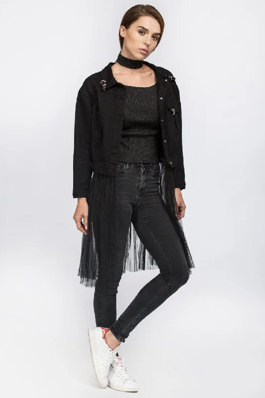 Fatma Husam - Black Two Piece Denim Jacket with Removable Mesh Tailored Jacket Straight Jacket A-Line Jacket