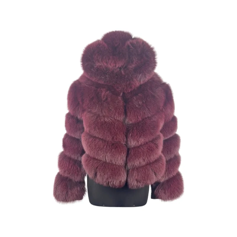 Burgundy 3 in 1  Women Fox Fur Jacket with detachable sleeves and hood Toggled Jacket Drawstring Jacket Belted Jacket