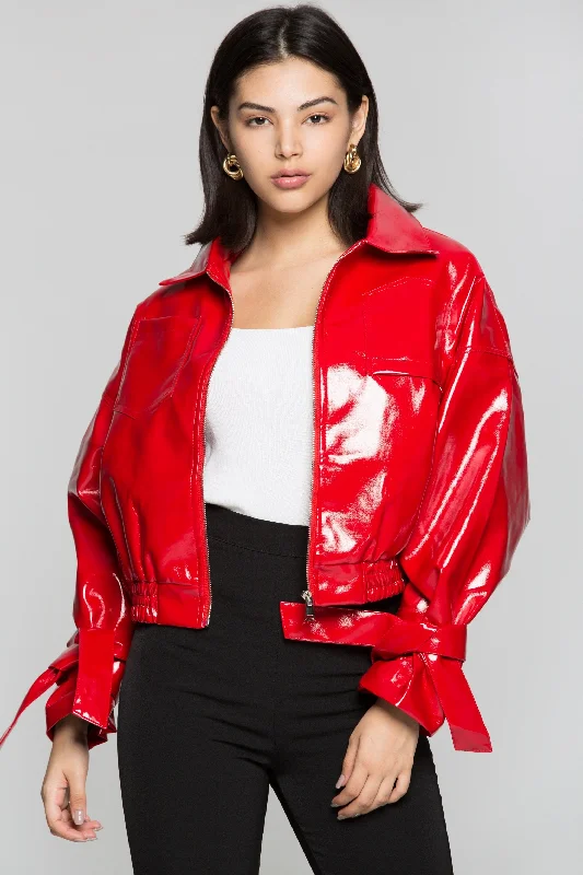 Candy Red Zip Up Faux Leather Jacket Nylon Jacket Polyester Jacket Spandex Jacket