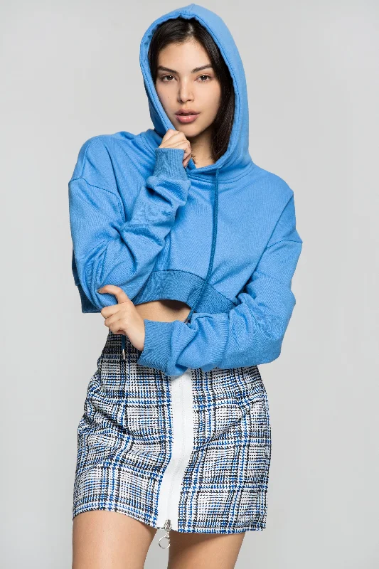 Crayola Blue Drawstring Hooded Crop Jacket with Blue and White Check Print Zip Up Skirt Set Notch Collar Jacket Peter Pan Collar Jacket Cowl Neck Jacket