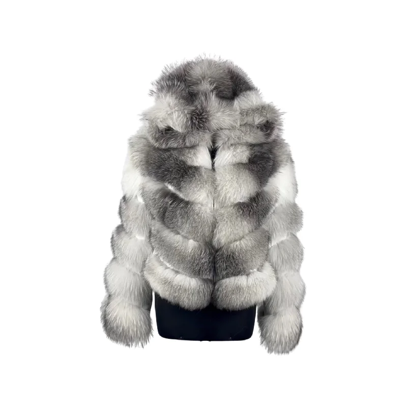 Cross Fox 3 in 1  Women Fox Fur Jacket with detachable sleeves and hood Jacket Blazer Coat