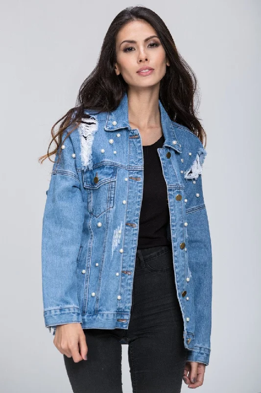 Denim Pearl Detail Jacket Bomber Jacket Anorak Windbreaker