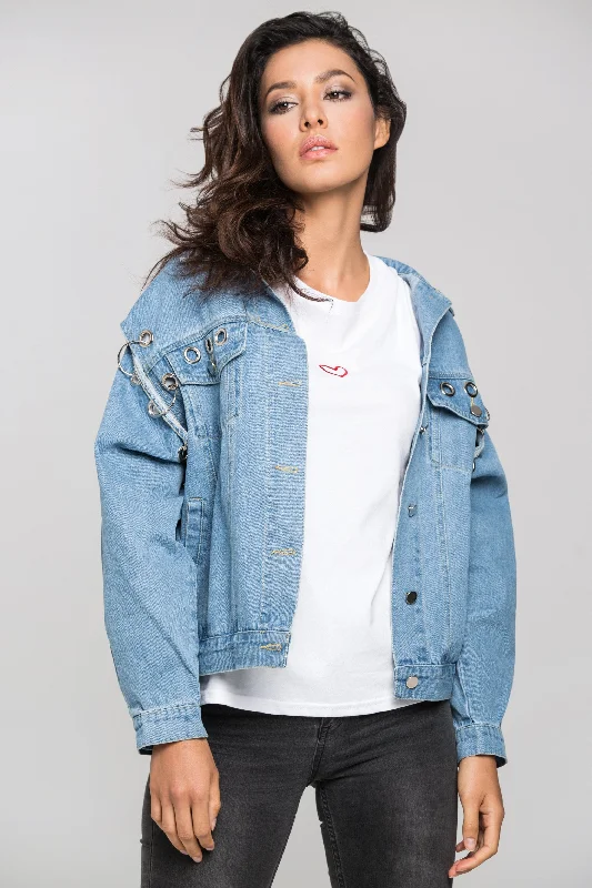 Denim Ring and Hoop Distressed Jacket Notch Collar Jacket Peter Pan Collar Jacket Cowl Neck Jacket