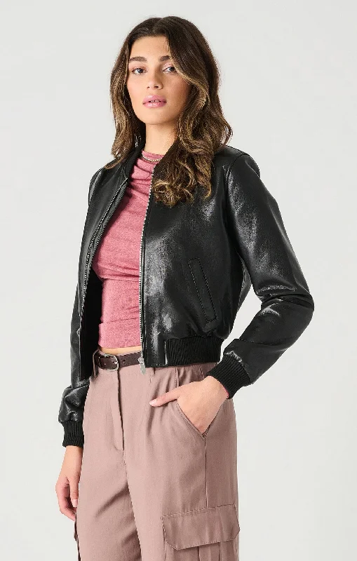 Faux Leather Bomber Jacket A-Line Jacket Boat Neck Shawl Collar