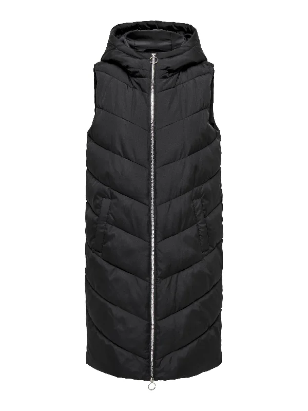 JDY Finno Ladies Hooded Long Padded Bodywarmer -BLACK Hoodie with Hem Ribbing Snug Secure