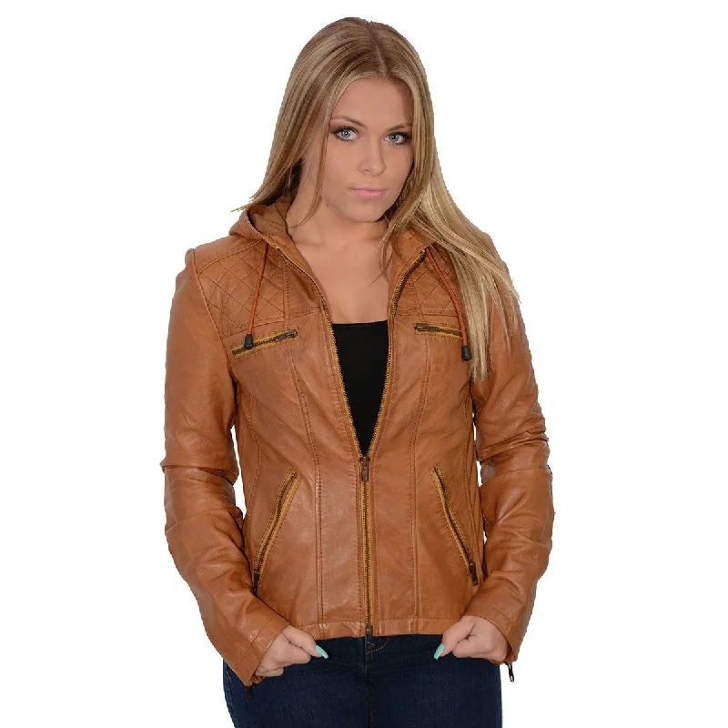 Milwaukee Leather SFL2810 Women's Cognac Scuba Style Fashion Leather Jacket with Drawstring and Hoodie Hoodie Zip-Up Jacket Button-Up Jacket