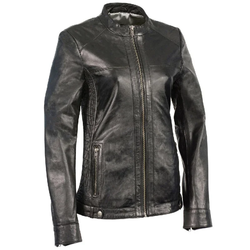 Milwaukee Leather SFL2855 Women's Black  Zip Front Fashion Leather Jacket with Side Stretch Fitting Stand-Up Collar Roll-Neck Collar Turtle Neck