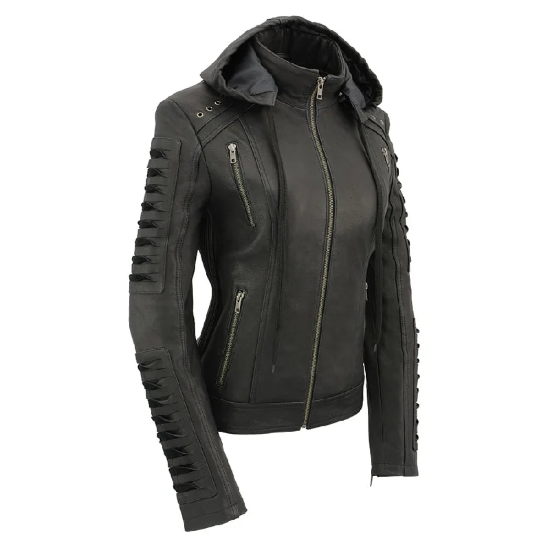 Milwaukee Leather SFL2865 Women's Black Scuba Style Fashion Casual Leather Jacket with Hoodie Zippered Jacket Buttoned Jacket Snapped Jacket