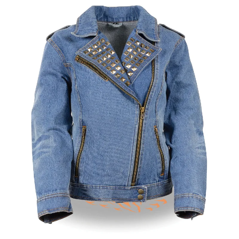 Milwaukee Leather MDL2000 Women's Blue Denim Jacket with Studded Spikes Faux Fur Fabric Real Fur Fabric Shearling Fabric