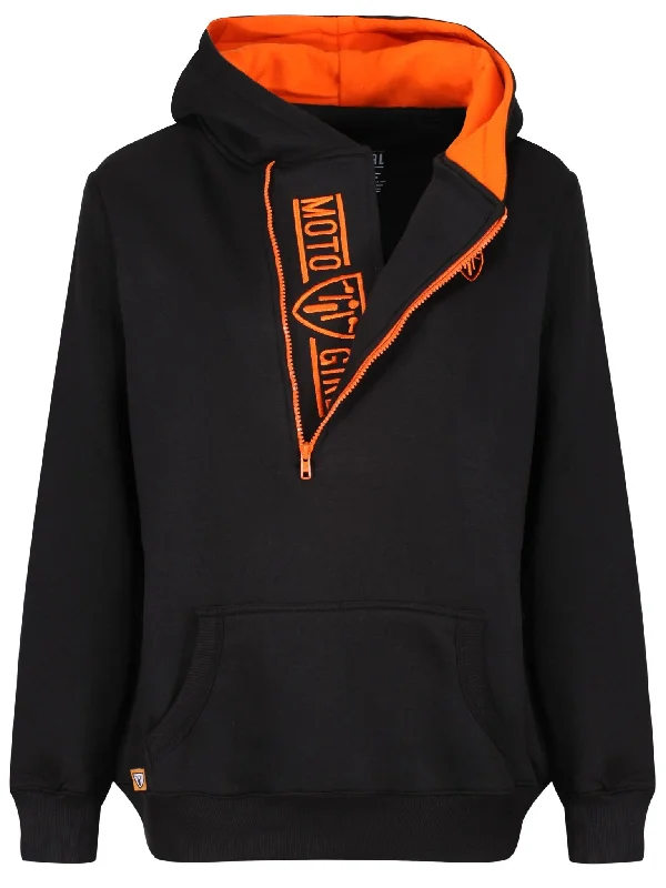 MotoGirl Helmet Hoodie - Black/Orange Hoodie with High-Low Hem Asymmetrical Trendy