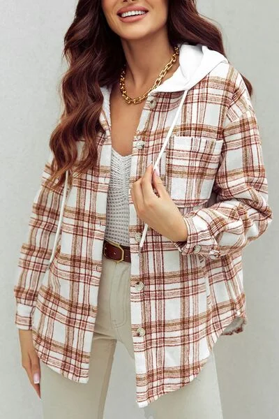 Plaid Drawstring Button Up Long Sleeve Hooded Jacket Hooded Jacket Caped Jacket Shawl Collar Jacket