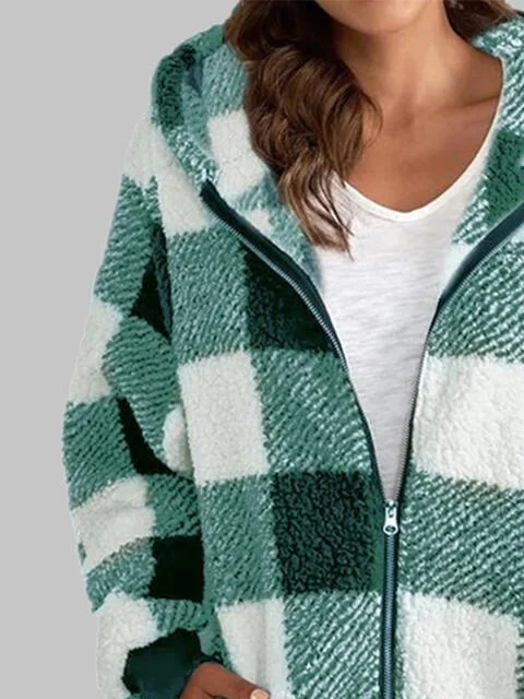 Plaid Zip-Up Hooded Jacket with Pockets Fitted Jacket Loose Jacket Oversized Jacket