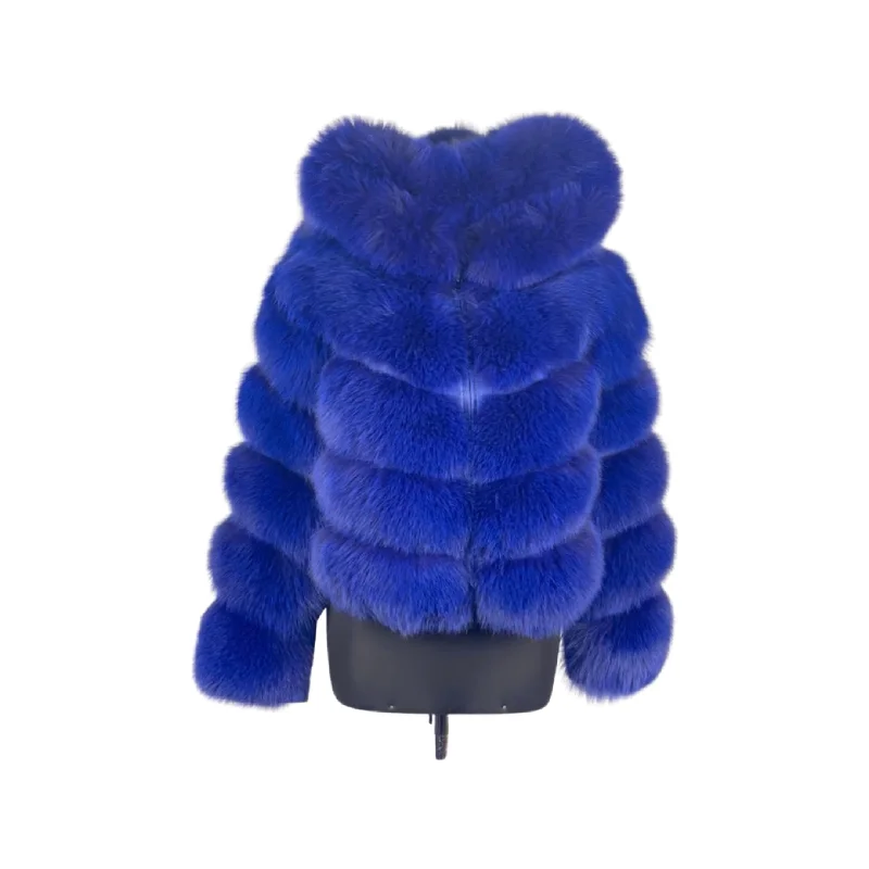 Royal Blue 3 in 1  Women Fox Fur Jacket with detachable sleeves and hood Knit Jacket Woven Jacket Fleece Jacket