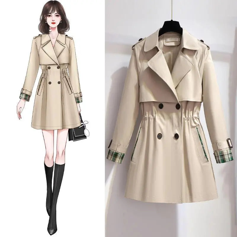 Spring and Autumn Fashion Women's Mid-length Trench Coat with Double-Breasted Design, Lining, and Drawstring Waist, Formal Jacket for Females Wool Fabric Cashmere Fabric Tweed Fabric