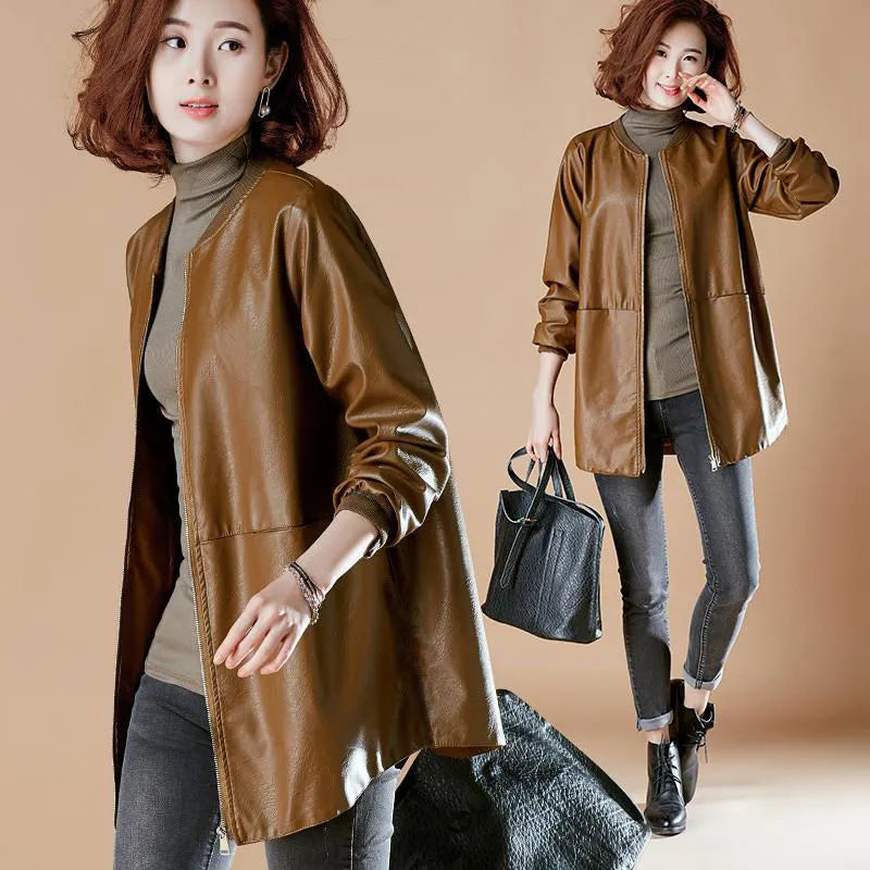 Spring and Autumn Women's Mid-Length PU Leather Jacket Baseball Uniform, Loose and Slimming, Commute Style Faux Leather Trench Coat Wool Fabric Cashmere Fabric Tweed Fabric