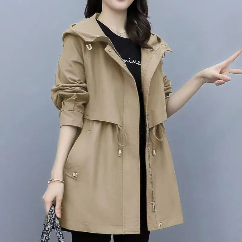 Spring and Autumn Women's Mid-length Trench Coat Hooded Zipper, British Style Loose Coats. Women's Clothing with Tie-In Jackets Elasticated Jacket Padded Jacket Insulated Jacket