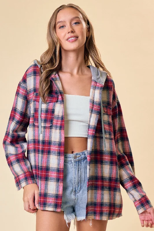 Stay For While Hooded Plaid Shacket Oversized Hoodie Comfort Casual