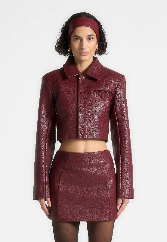 Wide Shoulder Pebbled Leather Jacket - Wine Red Snapped Jacket Toggled Jacket Drawstring Jacket