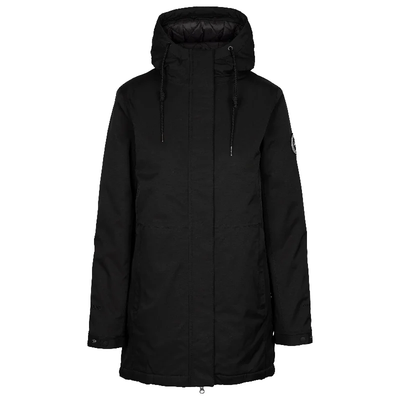 Wilma Women's DLX Padded Longer Waterproof Jacket in Black Front Pockets Side Pockets Patch Pockets