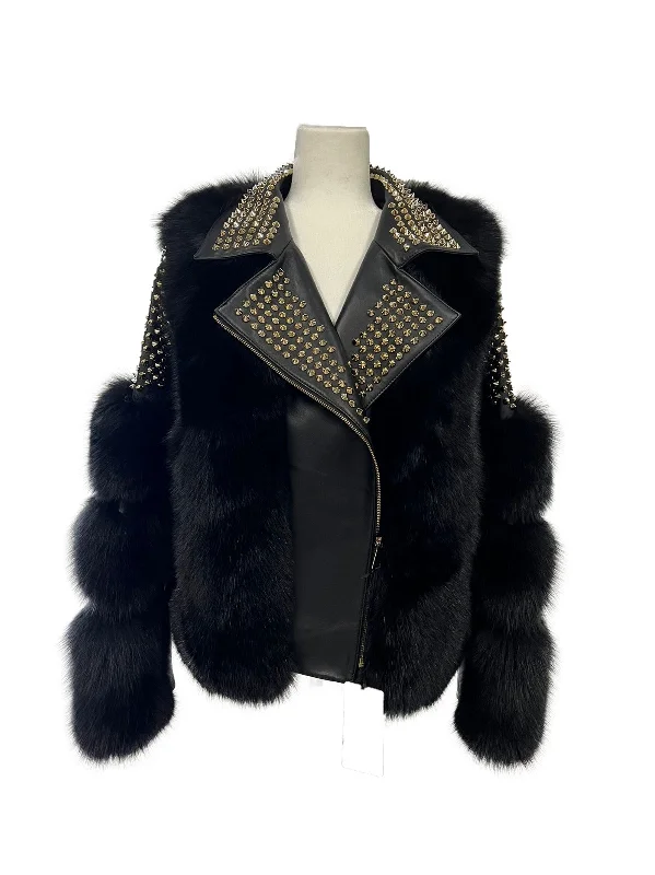 Women's Black Fox Fur Biker Jacket Style # F-80 Snapped Jacket Toggled Jacket Drawstring Jacket