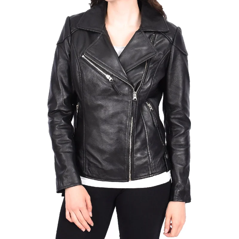 Womens Leather Biker Jacket Cross Zip Style Mona Black Nylon Fabric Polyester Fabric Spandex Fabric