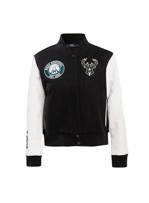 Women's Pro Standard Black & White Milwaukee Bucks Varsity Jacket Bomber Jacket Anorak Windbreaker