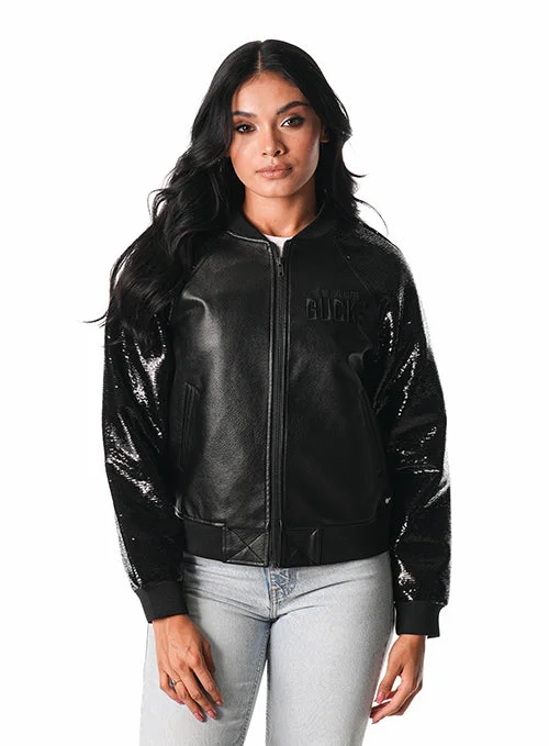 Women's The Wild Collective Faux Leather Sequin Milwaukee Bucks Jacket Zippered Front Buttoned Front Snap Front