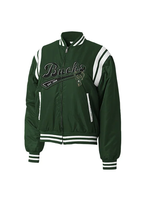 Women's Wear By Erin Andrews Green Milwaukee Bucks Satin Bomber Jacket Zippered Jacket Buttoned Jacket Snapped Jacket