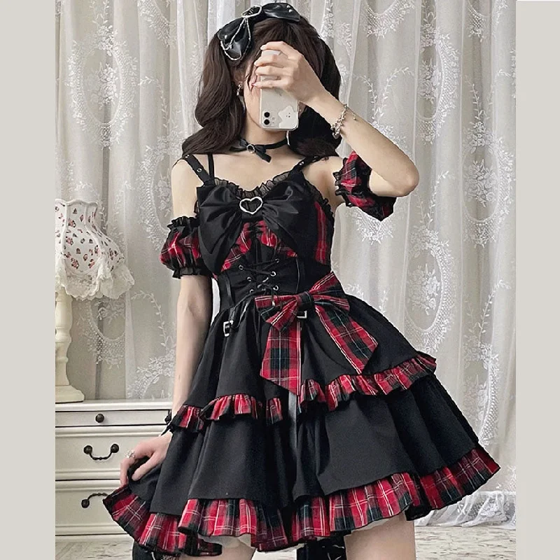 Red Plaid Pattern Sleeveless Ruffle Bow Lace-up Sweet Lolita Skirt wool skirt warm