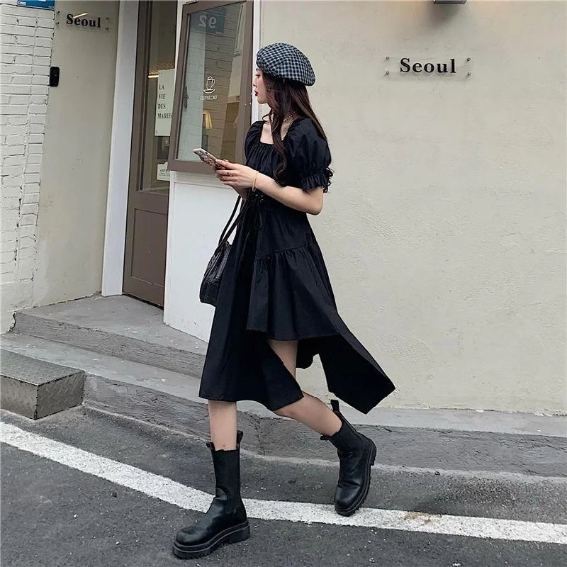 New Mini Design Irregular Bubble Sleeve Small Black Skirt velvet skirt plush
