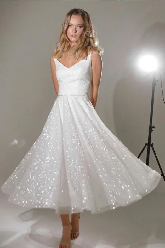 2025 Ivory Tea-Length Bridal Gown with Bling Bling Tulle Skirt wool skirt warm