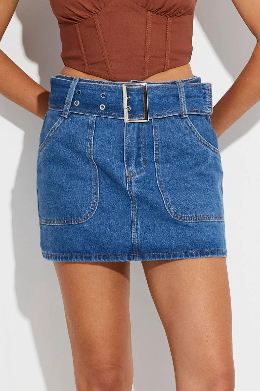 Blue Mini Skirt Low Rise Belted Denim linen skirt light