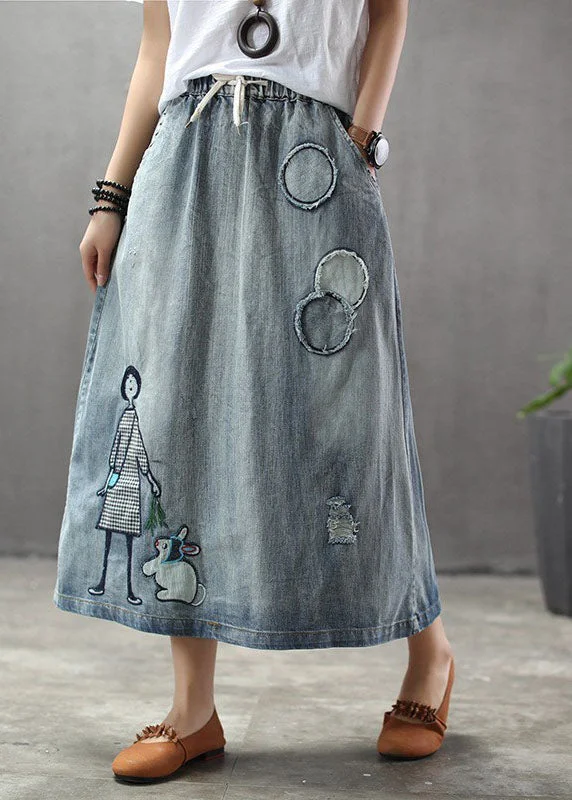 Casual Light Blue Elastic Waist Patchwork Cartoon Embroideried Tulle Denim Skirts Spring silk skirt sleek