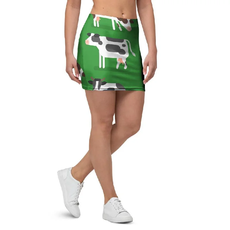 Cow In Green Grass Print Mini Skirt asymmetrical skirt cut