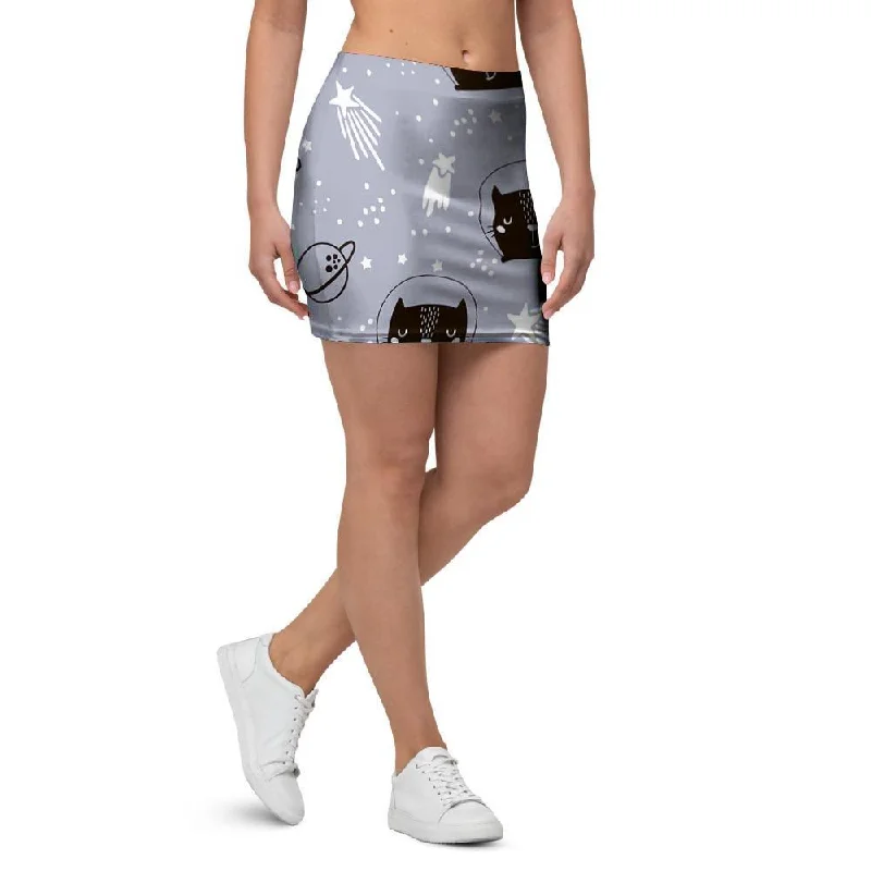 Cute Astronaut Cat Print Mini Skirt velvet skirt glossy