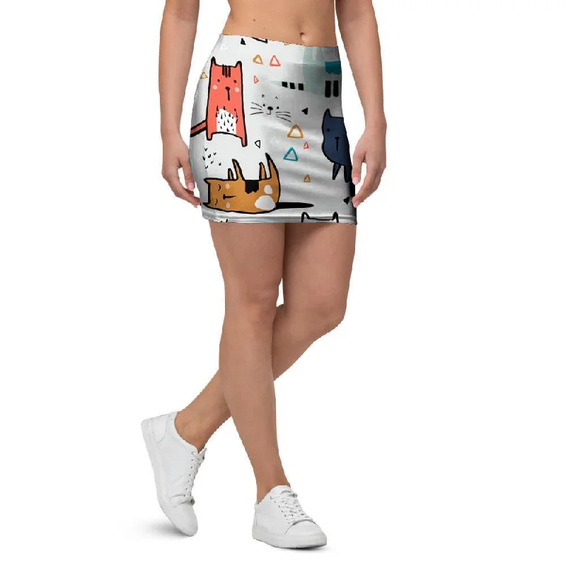 Cute Cartoon Doodle Cat Print Mini Skirt wool skirt warm