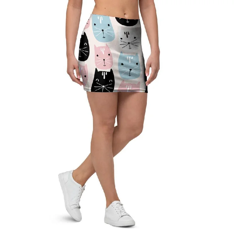 Cute Cat Face Print Mini Skirt patchwork skirt art