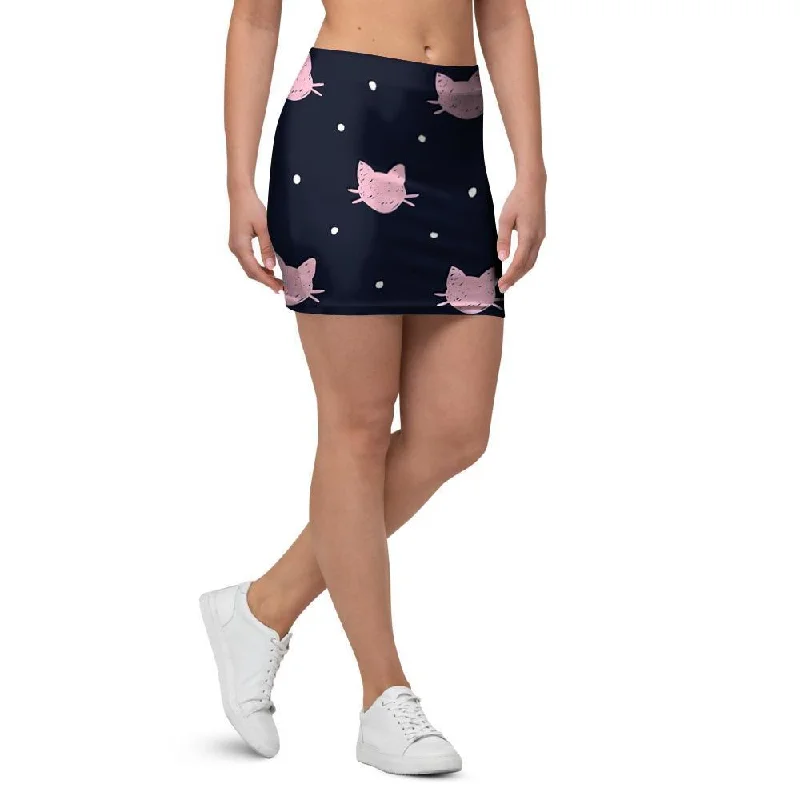 Cute Cat Polka Dot Print Mini Skirt midi skirt versatile