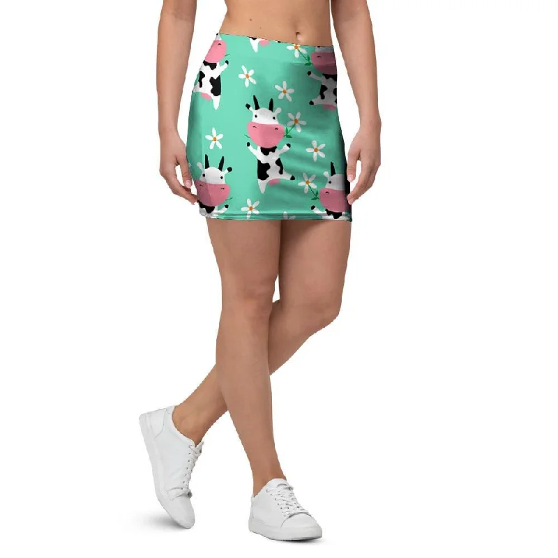 Cute Cow Floral Print Mini Skirt linen skirt relaxed