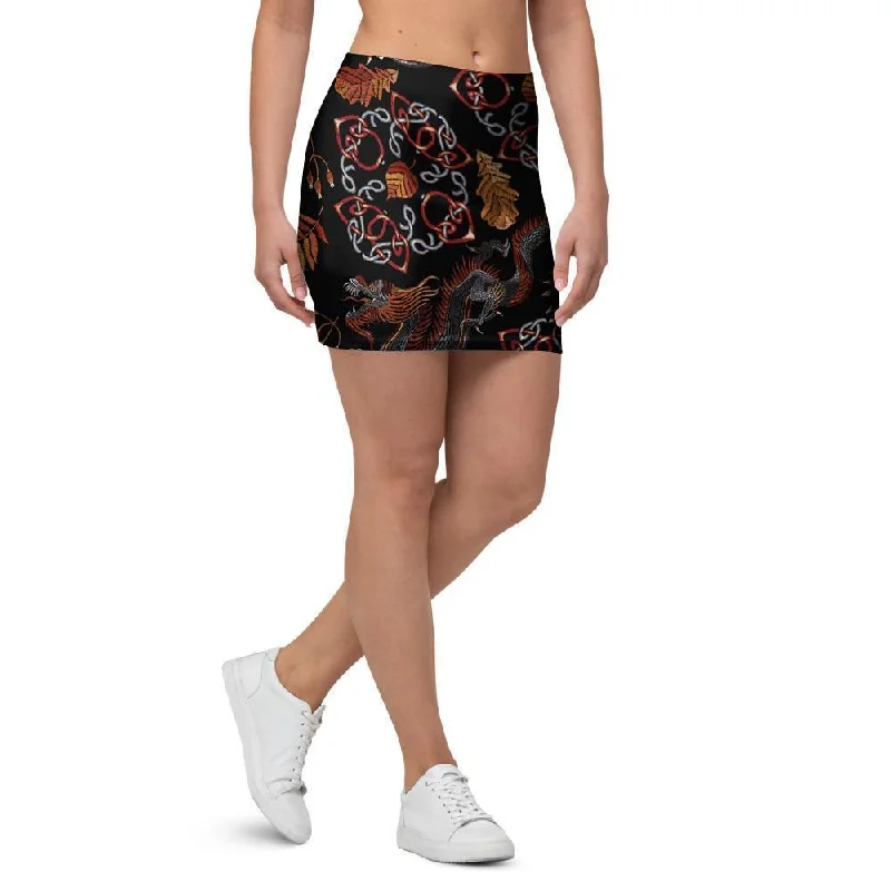 Embroidery Japanese Dragon Print Mini Skirt linen skirt light