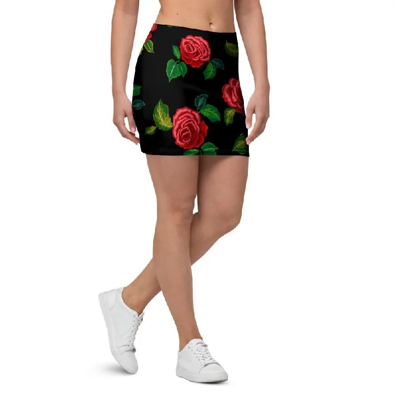 Embroidery Red Rose Floral Print Mini Skirt cashmere skirt soft