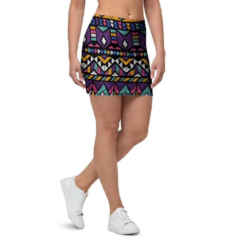 Ethic Aztec Geometric Art Print Mini Skirt linen skirt natural