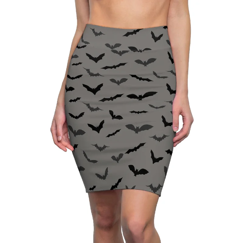 Gray Bats Pencil Skirt, Best Black Office Halloween Party Bats Women's Pencil Skirt- Made in USA(Size: XS-2XL) mini skirt trendy