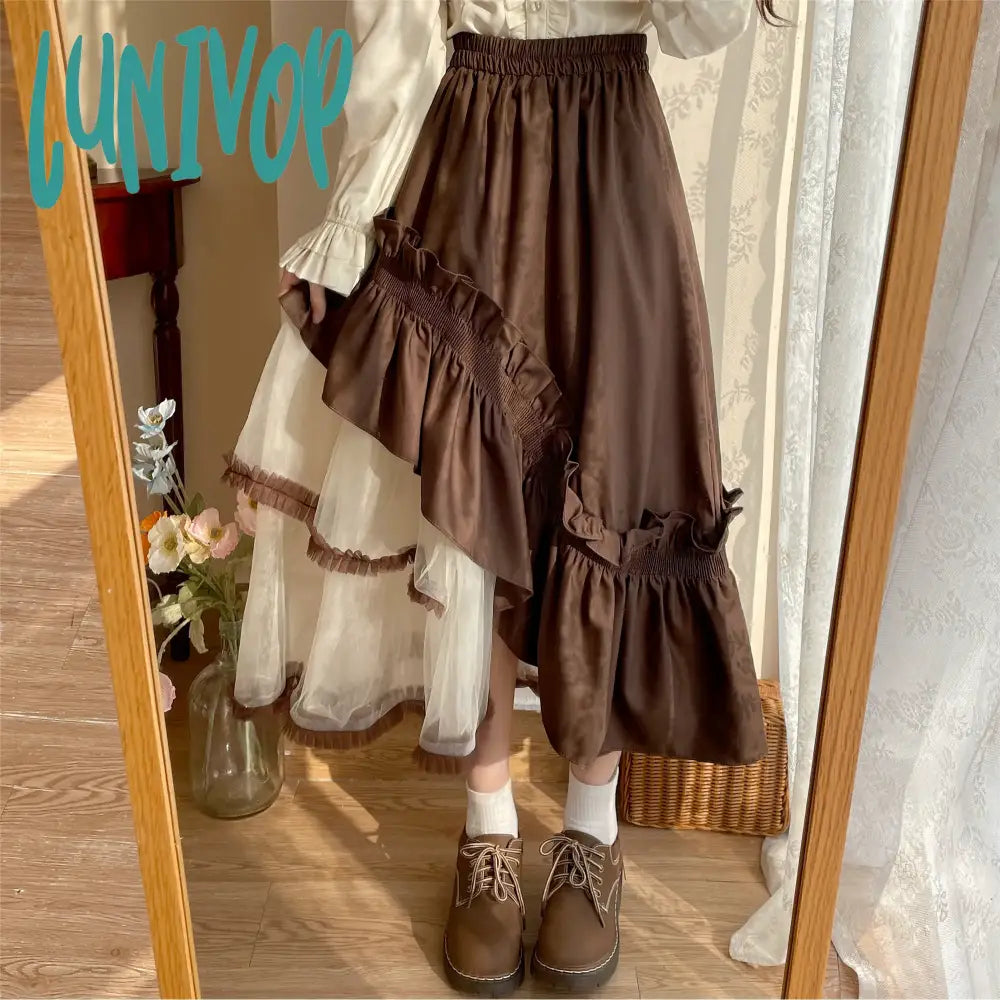 Lunivop Japanese Vintage Lolita Skirts Women Irregularity Mesh Patchwork Ruffles High Waist Long Tutu Skirt Korean Casual Female Vestido lace skirt romantic