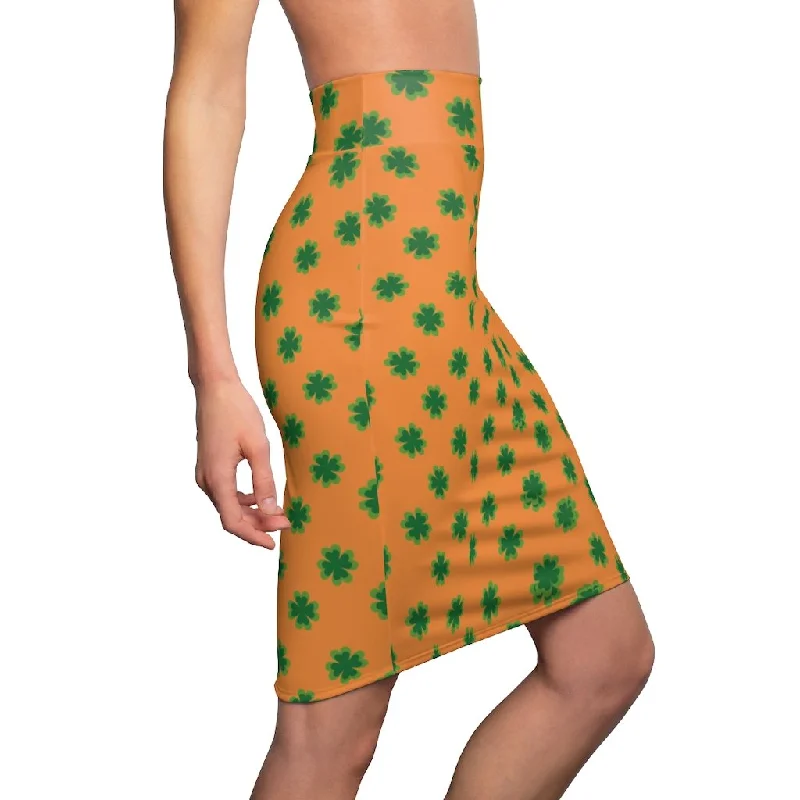 Orange Green Clover Pencil Skirt, Clover Leaf Print St. Patrick's Day Women's Pencil Skirt- Made in USA lightweight skirt design