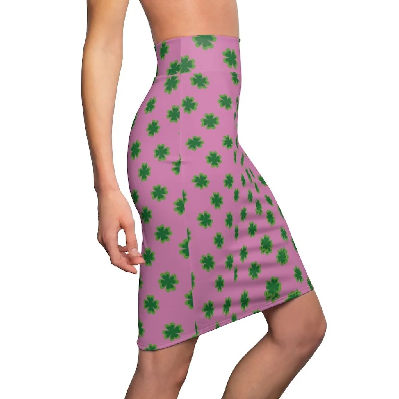 Lucky Pink Clover Pencil Skirt, Pink And Green Clover Leaf Print St. Patrick's Day Women's Pencil Skirt- Made in USA lace skirt feminine