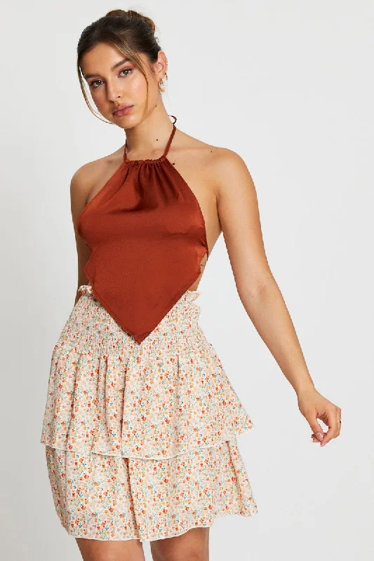 Print Ruffle Skater Skirt linen skirt natural