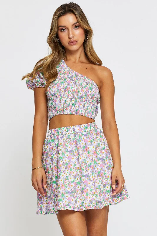 Print Skater Mini Skirt silk skirt lustrous